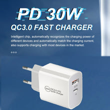 Load image into Gallery viewer, PD30W USB-C / Type-C + QC3.0 USB Dual Port Charger with 1m USB to 8 Pin Data Cable, EU Plug, US Plug, AU Plug