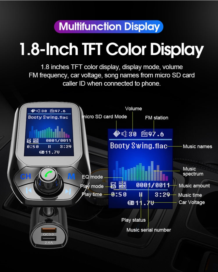 T43 Car Bluetooth Mp3 Multi-function Large Color Screen QC3.0 Bluetooth Car Charge Lossless Car Bluetooth Player, T43