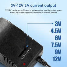 Load image into Gallery viewer, Voltage Adjustable universal power adapter 110 220V to 12V 3V 4.5V 6V 7.5V 9V AC DC adapter 3A Max 12 Volt power supply adaptor, US, EU