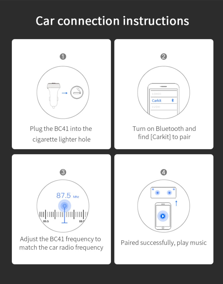 BC41 Multi-Functional MP3 Player, Bluetooth Receiver, USB Charger, Automobile Cigarette Lighter, BC41
