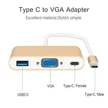 Load image into Gallery viewer, USB Type C to VGA 3-in-1 Hub Adapter supports USB Type C tablets and laptops for Macbook Pro / Google ChromeBook, VGA+USB3.0 to Type-C Gold, VGA+USB3.0 to Type-C Silver