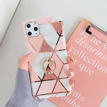 Load image into Gallery viewer, For iPhone 11 Pro Plating Colorful Geometric Pattern Mosaic Marble TPU Mobile Phone Case Rhinestone Stand Ring, For iPhone 11 Pro