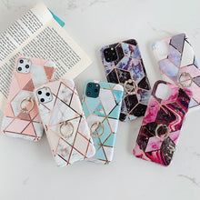 Load image into Gallery viewer, For iPhone 11 Pro Plating Colorful Geometric Pattern Mosaic Marble TPU Mobile Phone Case Rhinestone Stand Ring, For iPhone 11 Pro