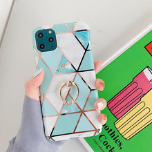 Load image into Gallery viewer, For iPhone 11 Pro Plating Colorful Geometric Pattern Mosaic Marble TPU Mobile Phone Case Rhinestone Stand Ring, For iPhone 11 Pro