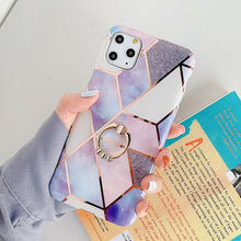 Load image into Gallery viewer, For iPhone 11 Pro Plating Colorful Geometric Pattern Mosaic Marble TPU Mobile Phone Case Rhinestone Stand Ring, For iPhone 11 Pro