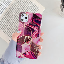 Load image into Gallery viewer, For iPhone 11 Pro Plating Colorful Geometric Pattern Mosaic Marble TPU Mobile Phone Case Rhinestone Stand Ring, For iPhone 11 Pro