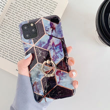 Load image into Gallery viewer, For iPhone 11 Pro Plating Colorful Geometric Pattern Mosaic Marble TPU Mobile Phone Case Rhinestone Stand Ring, For iPhone 11 Pro