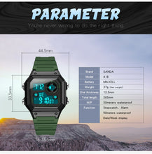 Load image into Gallery viewer, SANDA418 Square Wristwatch Swimming Waterproof Alarm Night light Male Student Watch Simple Fashion Sports Watch