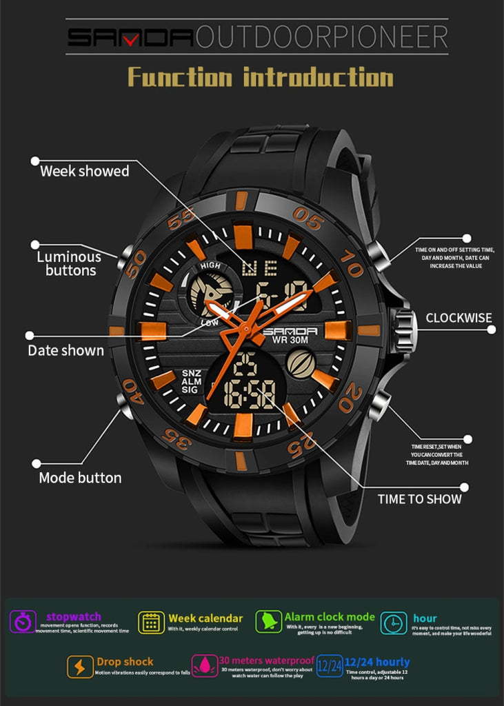 SANDA 791 Watch Genuine Fashion Sports Multifunction Electronic Watch Popular Men luminous Wrist Watch