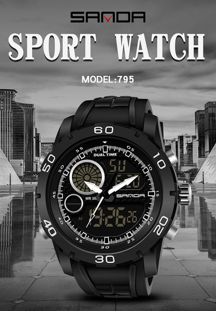 SANDA New Waterproof Luminous Plastic Multi Functional Watch Men Outdoor Sports LED Electronic Watch