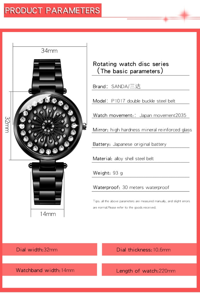 SANDA 1017 Lady Watch All Over The Sky Star 360 Degree Rotating Watch Diamond Steel Band Women Watch