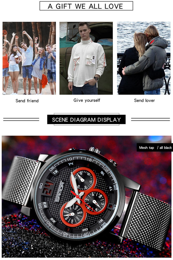 SANDA 5009 Business Fashion Three Eye Six Needle Casual Leather Waterproof Men Quartz Watch