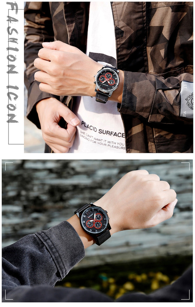 SANDA 5009 Business Fashion Three Eye Six Needle Casual Leather Waterproof Men Quartz Watch