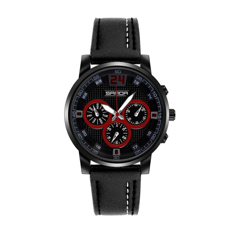 SANDA 5009 Business Fashion Three Eye Six Needle Casual Leather Waterproof Men Quartz Watch