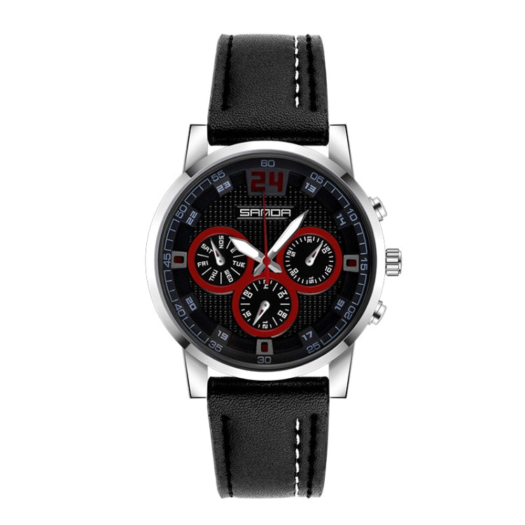 SANDA 5009 Business Fashion Three Eye Six Needle Casual Leather Waterproof Men Quartz Watch