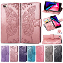 Load image into Gallery viewer, For iPhone SE (2020) Butterfly Love Flower Embossed Horizontal Flip Leather Case with Bracket / Card Slot / Wallet / Lanyard, Black, Blue, Gray, Light Purple, Rose Gold, Dark Purple, Pink