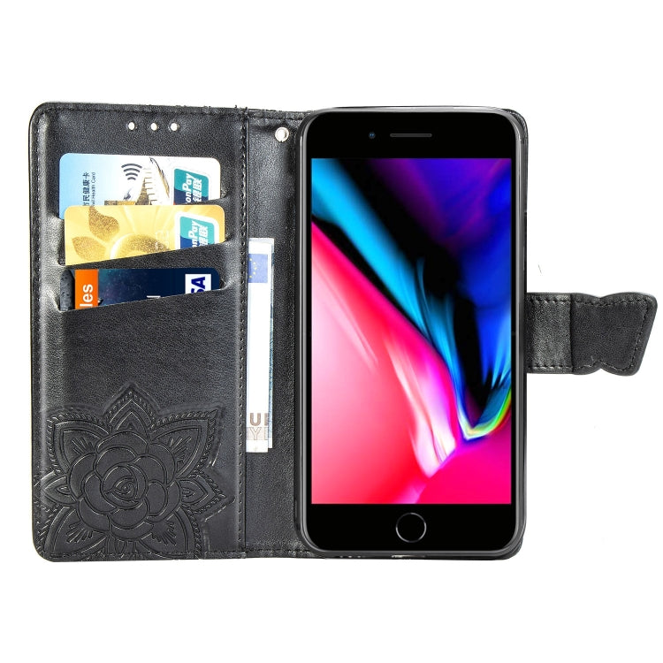 For iPhone SE (2020) Butterfly Love Flower Embossed Horizontal Flip Leather Case with Bracket / Card Slot / Wallet / Lanyard, Black, Blue, Gray, Light Purple, Rose Gold, Dark Purple, Pink