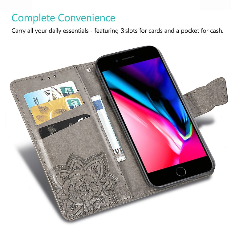 For iPhone SE (2020) Butterfly Love Flower Embossed Horizontal Flip Leather Case with Bracket / Card Slot / Wallet / Lanyard, Black, Blue, Gray, Light Purple, Rose Gold, Dark Purple, Pink