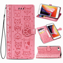 Load image into Gallery viewer, For iPhone SE (2020) Cute Cat and Dog Embossed Horizontal Flip Leather Case with Bracket / Card Slot / Wallet / Lanyard, Pink, Yellow, Gray, Gold, Blue, Green, Rose Gold, Purple