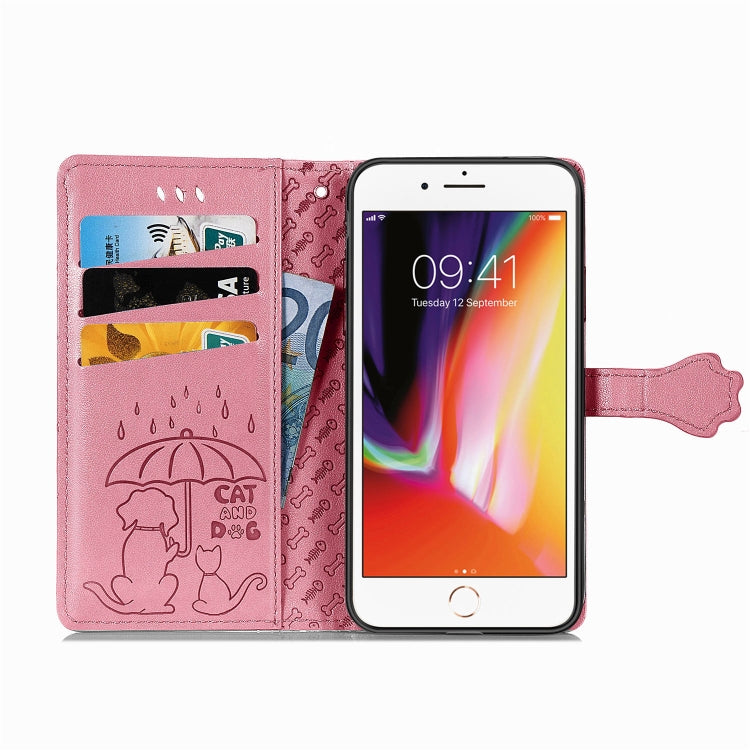 For iPhone SE (2020) Cute Cat and Dog Embossed Horizontal Flip Leather Case with Bracket / Card Slot / Wallet / Lanyard, Pink, Yellow, Gray, Gold, Blue, Green, Rose Gold, Purple