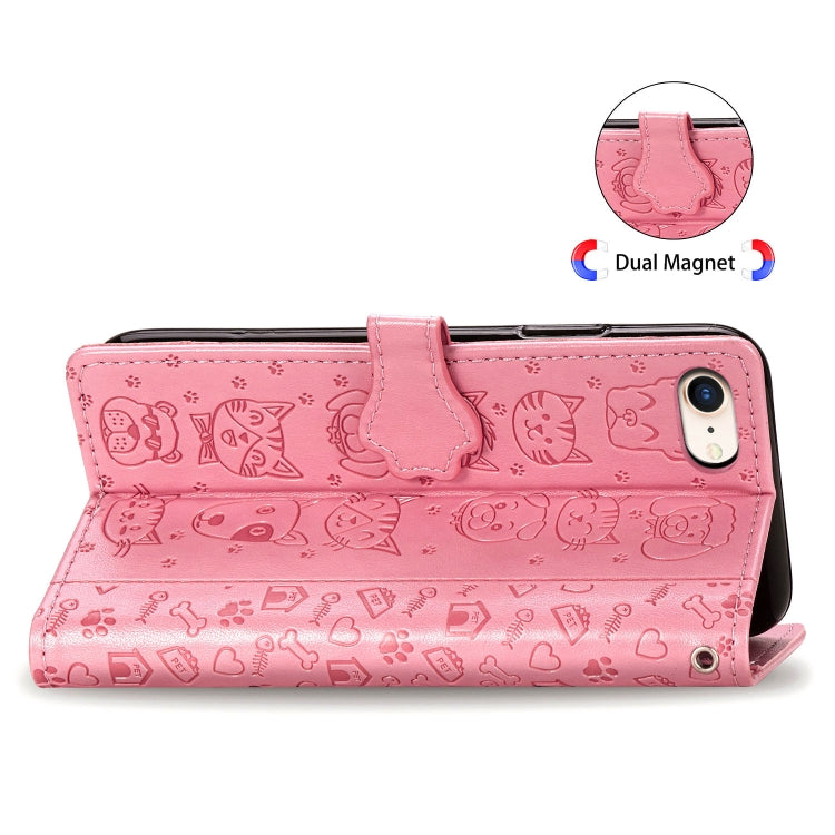For iPhone SE (2020) Cute Cat and Dog Embossed Horizontal Flip Leather Case with Bracket / Card Slot / Wallet / Lanyard, Pink, Yellow, Gray, Gold, Blue, Green, Rose Gold, Purple