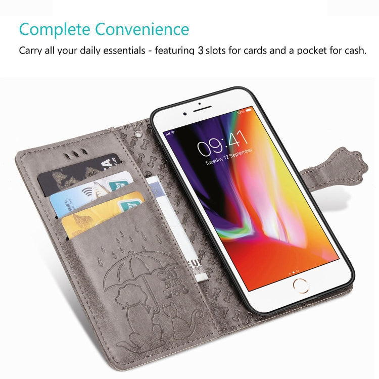 For iPhone SE (2020) Cute Cat and Dog Embossed Horizontal Flip Leather Case with Bracket / Card Slot / Wallet / Lanyard, Pink, Yellow, Gray, Gold, Blue, Green, Rose Gold, Purple