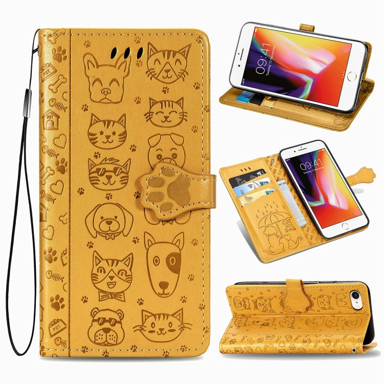 For iPhone SE (2020) Cute Cat and Dog Embossed Horizontal Flip Leather Case with Bracket / Card Slot / Wallet / Lanyard, Pink, Yellow, Gray, Gold, Blue, Green, Rose Gold, Purple