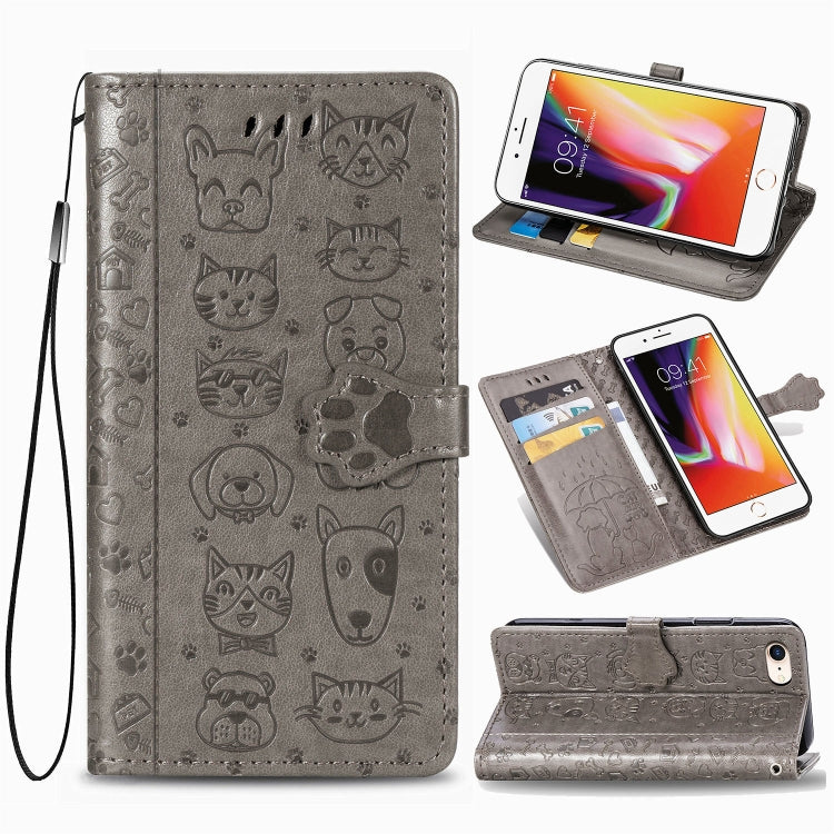 For iPhone SE (2020) Cute Cat and Dog Embossed Horizontal Flip Leather Case with Bracket / Card Slot / Wallet / Lanyard, Pink, Yellow, Gray, Gold, Blue, Green, Rose Gold, Purple