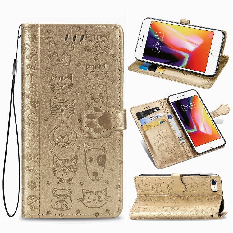 For iPhone SE (2020) Cute Cat and Dog Embossed Horizontal Flip Leather Case with Bracket / Card Slot / Wallet / Lanyard, Pink, Yellow, Gray, Gold, Blue, Green, Rose Gold, Purple