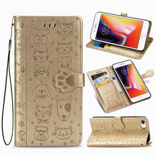 Load image into Gallery viewer, For iPhone SE (2020) Cute Cat and Dog Embossed Horizontal Flip Leather Case with Bracket / Card Slot / Wallet / Lanyard, Pink, Yellow, Gray, Gold, Blue, Green, Rose Gold, Purple
