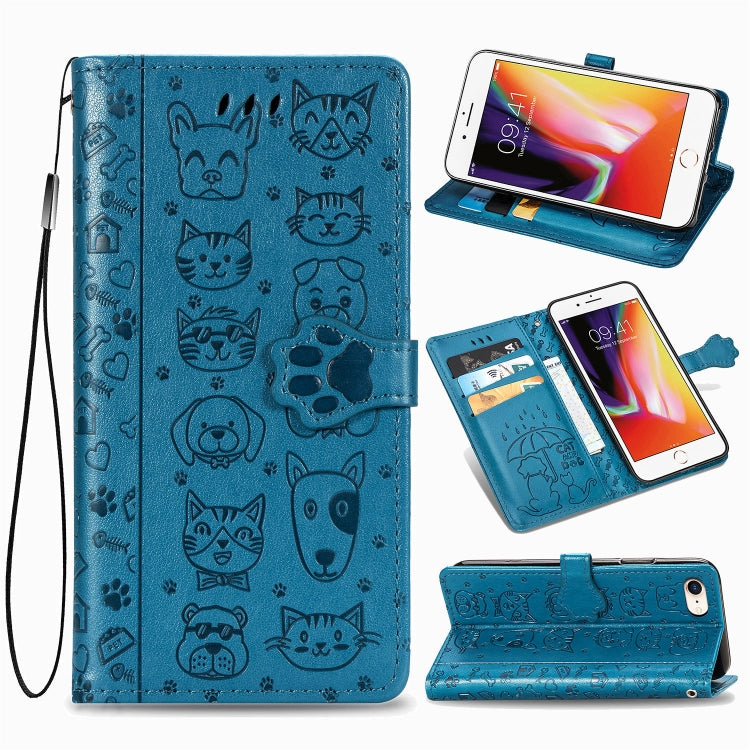 For iPhone SE (2020) Cute Cat and Dog Embossed Horizontal Flip Leather Case with Bracket / Card Slot / Wallet / Lanyard, Pink, Yellow, Gray, Gold, Blue, Green, Rose Gold, Purple
