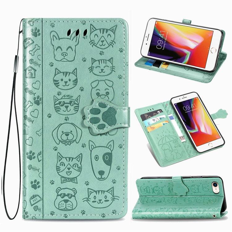 For iPhone SE (2020) Cute Cat and Dog Embossed Horizontal Flip Leather Case with Bracket / Card Slot / Wallet / Lanyard, Pink, Yellow, Gray, Gold, Blue, Green, Rose Gold, Purple
