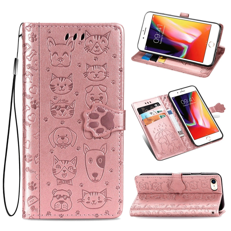 For iPhone SE (2020) Cute Cat and Dog Embossed Horizontal Flip Leather Case with Bracket / Card Slot / Wallet / Lanyard, Pink, Yellow, Gray, Gold, Blue, Green, Rose Gold, Purple