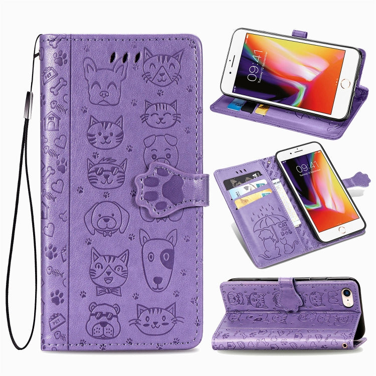 For iPhone SE (2020) Cute Cat and Dog Embossed Horizontal Flip Leather Case with Bracket / Card Slot / Wallet / Lanyard, Pink, Yellow, Gray, Gold, Blue, Green, Rose Gold, Purple