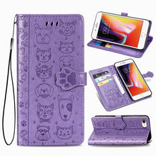 Load image into Gallery viewer, For iPhone SE (2020) Cute Cat and Dog Embossed Horizontal Flip Leather Case with Bracket / Card Slot / Wallet / Lanyard, Pink, Yellow, Gray, Gold, Blue, Green, Rose Gold, Purple