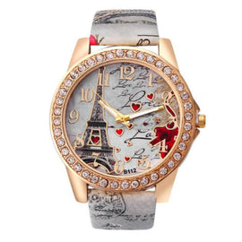 Eiffel Tower + Heart Pattern Leather Strap Quartz Watch for Women