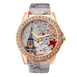 Eiffel Tower + Heart Pattern Leather Strap Quartz Watch for Women
