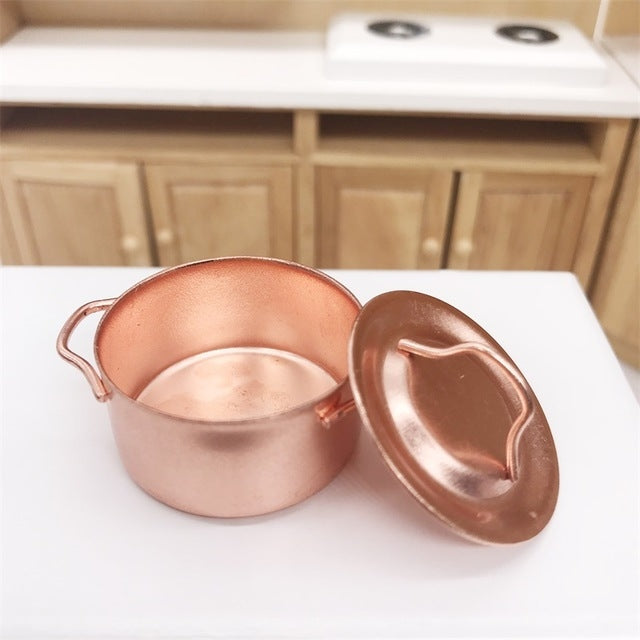 3 PCS Doll House Miniature Kitchen Copper Pot with Lid Children Educational Toys