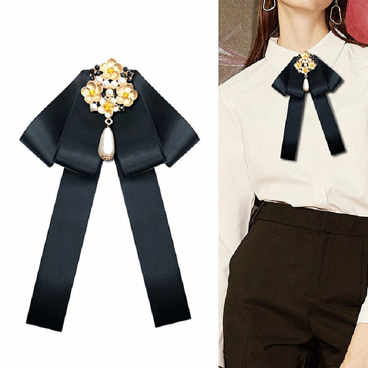 Ladies Retro Style Cloth Fabric Pearl Diamond Brooch Bow Tie Bow Clothing Accessories