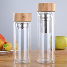 Load image into Gallery viewer, Glass Water Tea Bottles with Infuser Bamboo Lid Double Wall Brief Portable Outdoor Bottle, 350ML, 450ML