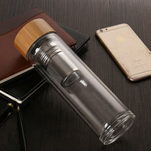 Load image into Gallery viewer, Glass Water Tea Bottles with Infuser Bamboo Lid Double Wall Brief Portable Outdoor Bottle, 350ML, 450ML