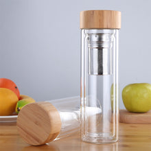 Load image into Gallery viewer, Glass Water Tea Bottles with Infuser Bamboo Lid Double Wall Brief Portable Outdoor Bottle, 350ML, 450ML