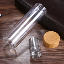 Load image into Gallery viewer, Glass Water Tea Bottles with Infuser Bamboo Lid Double Wall Brief Portable Outdoor Bottle, 350ML, 450ML