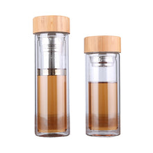Load image into Gallery viewer, Glass Water Tea Bottles with Infuser Bamboo Lid Double Wall Brief Portable Outdoor Bottle, 350ML, 450ML