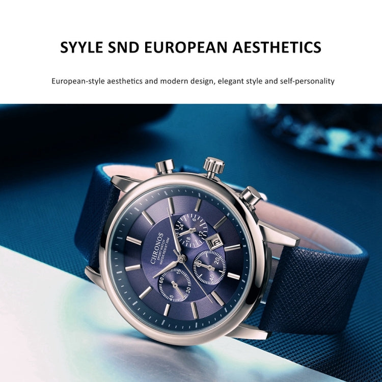 CHRONOS CH0401 Three-eye Six-needle Leather Belt Sports Watch for Men