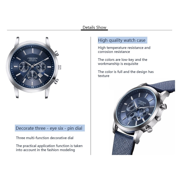 CHRONOS CH0401 Three-eye Six-needle Leather Belt Sports Watch for Men