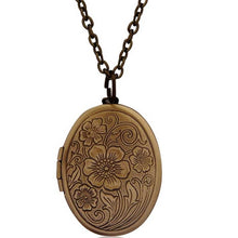 Load image into Gallery viewer, Vintage Antique Bronze Floral Patterns Carved Oval Locket Picture Memento Photos Box Necklace