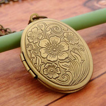 Load image into Gallery viewer, Vintage Antique Bronze Floral Patterns Carved Oval Locket Picture Memento Photos Box Necklace