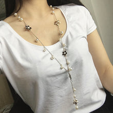 Load image into Gallery viewer, Pearl Five-petal Flower Long Necklace Female tassel Long Sweater Chain, Black, White