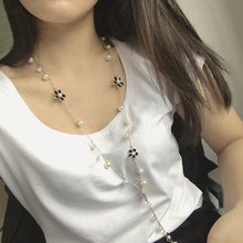 Load image into Gallery viewer, Pearl Five-petal Flower Long Necklace Female tassel Long Sweater Chain, Black, White